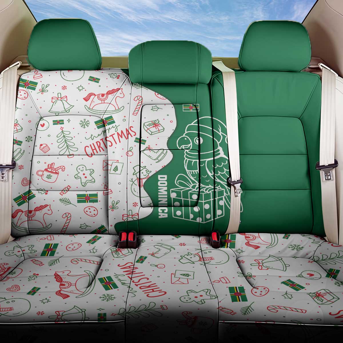 Dominica Christmas Back Car Seat Cover with Parrot Gift Box and Festive Pattern Design - Wonder Print Shop