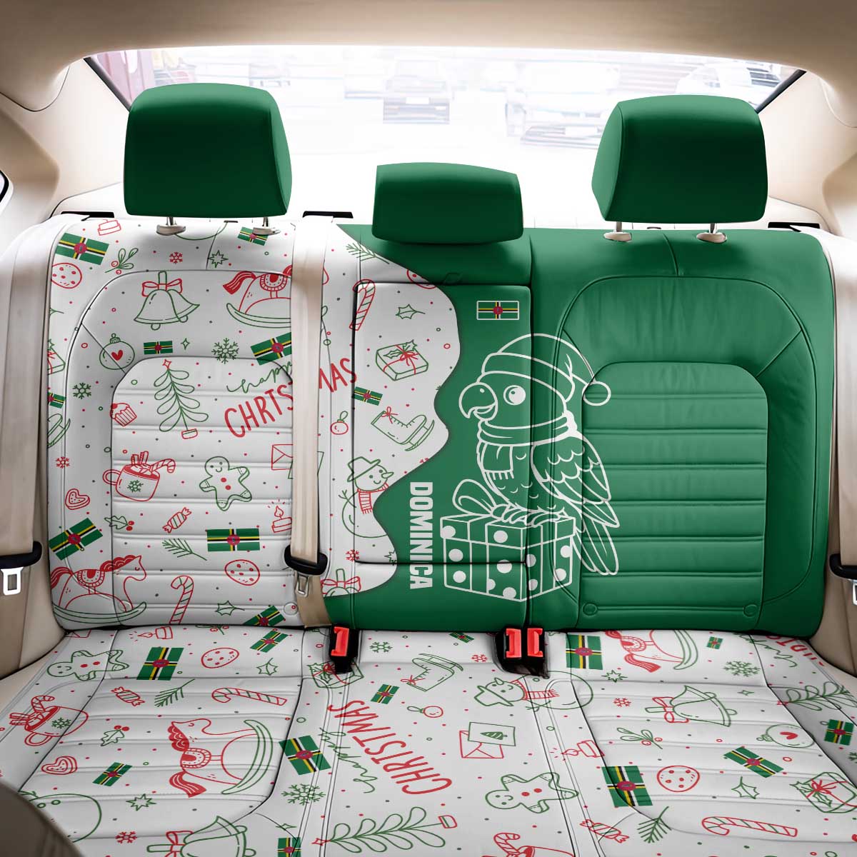 Dominica Christmas Back Car Seat Cover with Parrot Gift Box and Festive Pattern Design - Wonder Print Shop