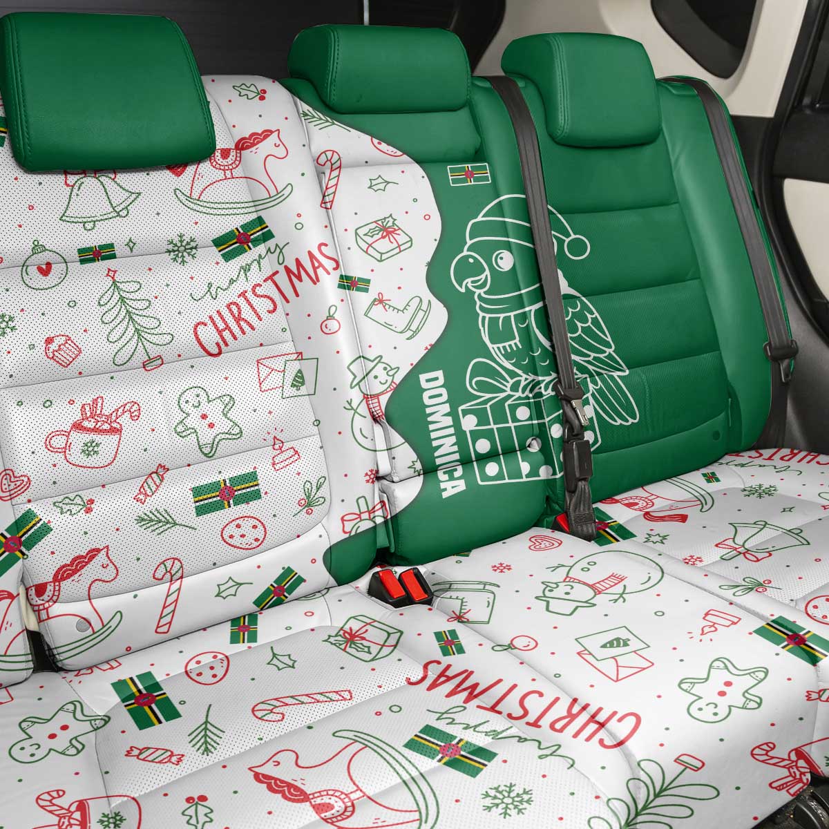 Dominica Christmas Back Car Seat Cover with Parrot Gift Box and Festive Pattern Design - Wonder Print Shop
