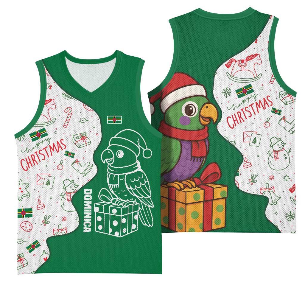 Dominica Christmas Basketball Jersey with Parrot Gift Box and Festive Pattern Design - Wonder Print Shop