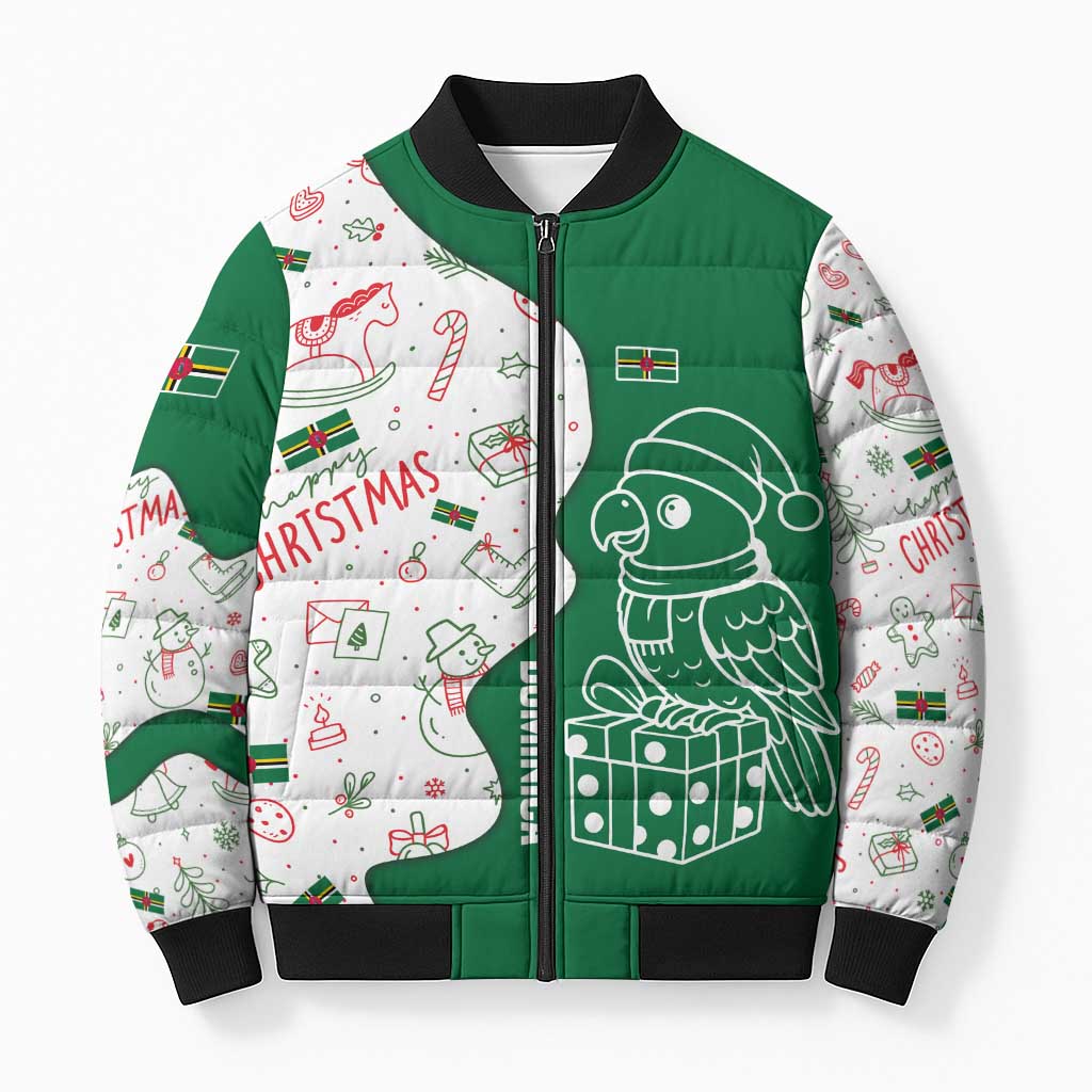 Dominica Christmas Bomber Puffer Jacket with Parrot Gift Box and Festive Pattern Design - Wonder Print Shop
