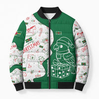 Dominica Christmas Bomber Puffer Jacket with Parrot Gift Box and Festive Pattern Design - Wonder Print Shop