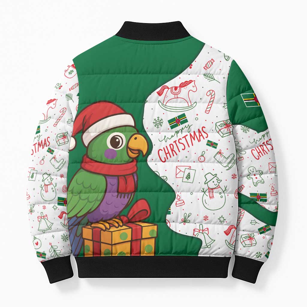 Dominica Christmas Bomber Puffer Jacket with Parrot Gift Box and Festive Pattern Design - Wonder Print Shop