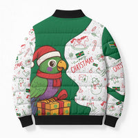 Dominica Christmas Bomber Puffer Jacket with Parrot Gift Box and Festive Pattern Design - Wonder Print Shop