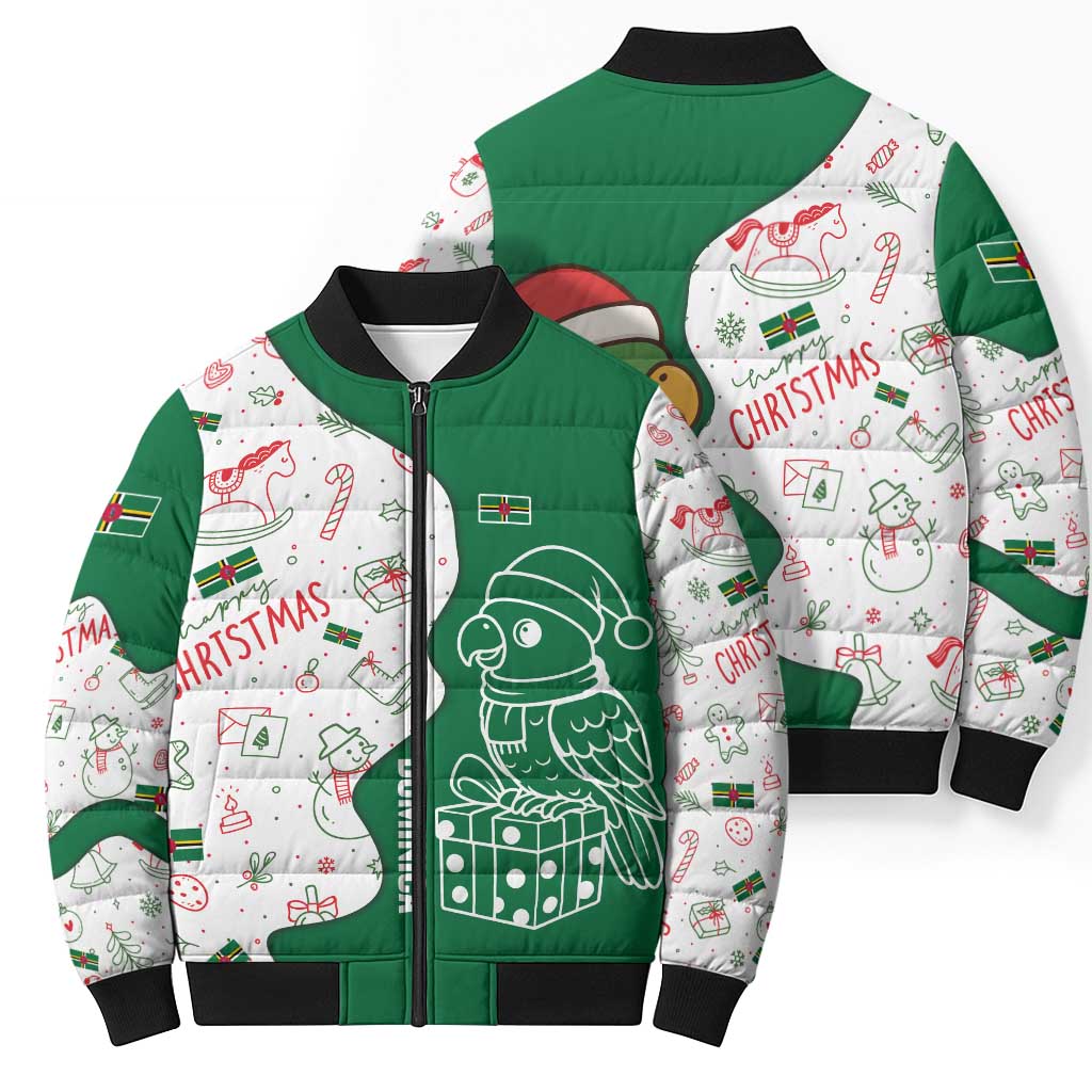 Dominica Christmas Bomber Puffer Jacket with Parrot Gift Box and Festive Pattern Design - Wonder Print Shop