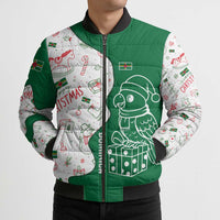 Dominica Christmas Bomber Puffer Jacket with Parrot Gift Box and Festive Pattern Design - Wonder Print Shop