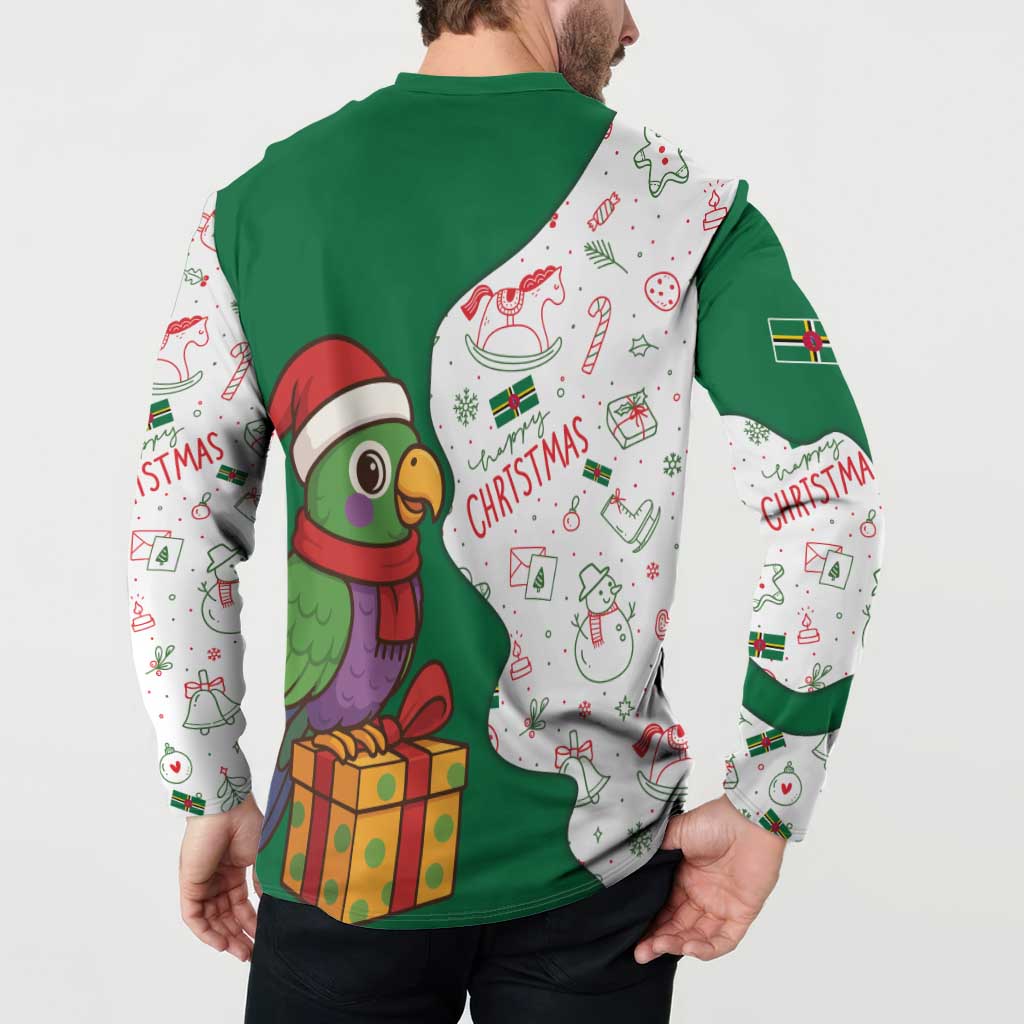 Dominica Christmas Button Sweatshirt with Parrot Gift Box and Festive Pattern Design - Wonder Print Shop