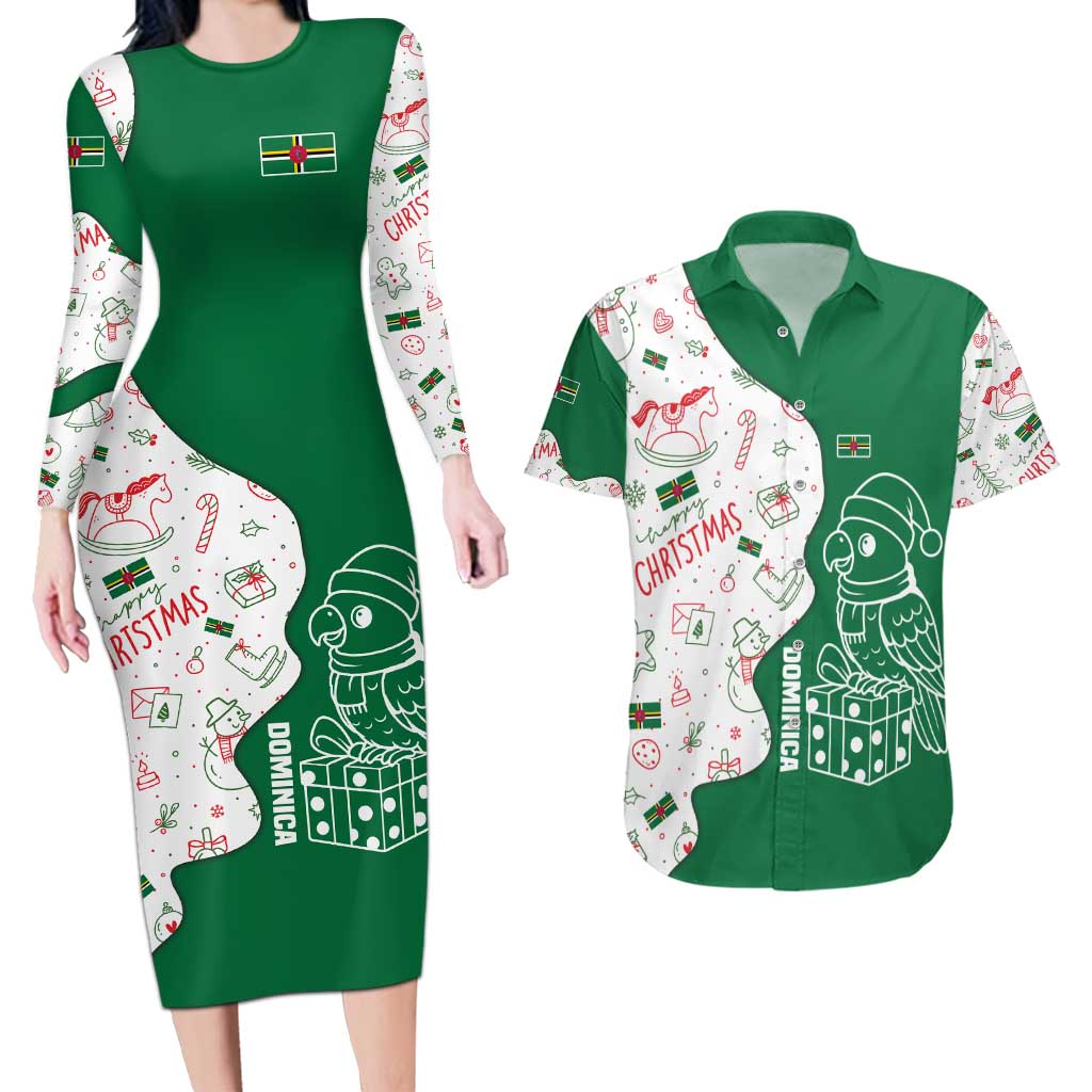Dominica Christmas Couples Matching Long Sleeve Bodycon Dress and Hawaiian Shirt with Parrot Gift Box and Festive Pattern Design - Wonder Print Shop