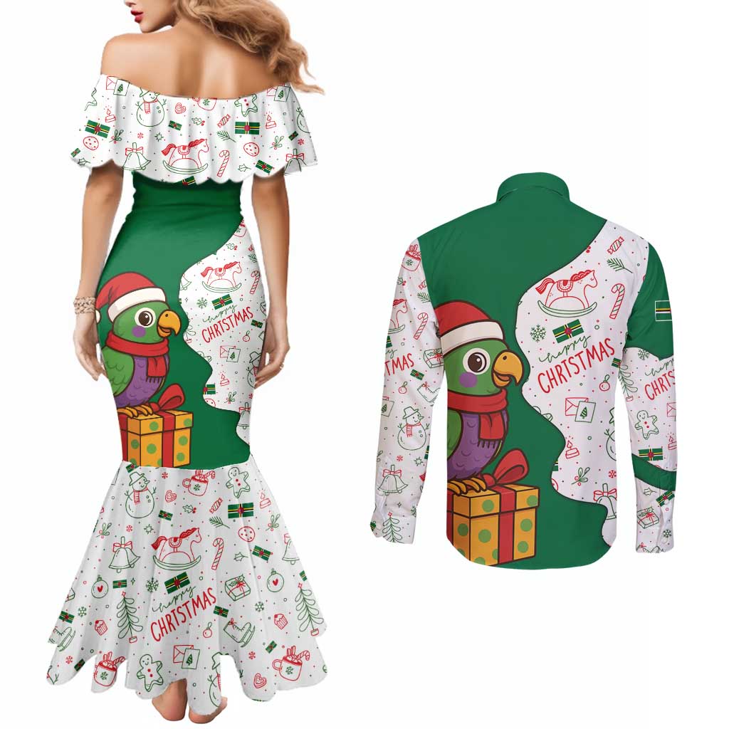 Dominica Christmas Couples Matching Mermaid Dress and Long Sleeve Button Shirt with Parrot Gift Box and Festive Pattern Design - Wonder Print Shop