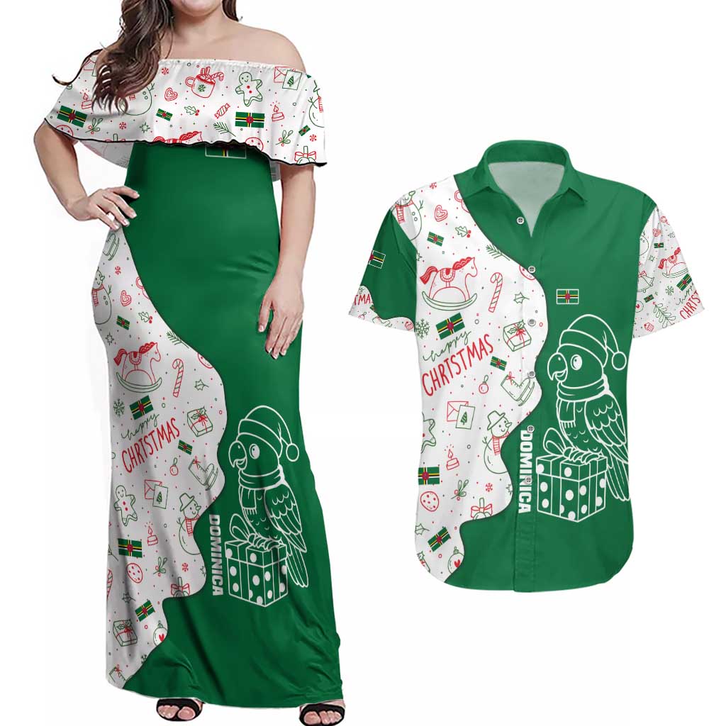 Dominica Christmas Couples Matching Off Shoulder Maxi Dress and Hawaiian Shirt with Parrot Gift Box and Festive Pattern Design - Wonder Print Shop