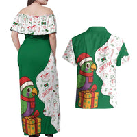 Dominica Christmas Couples Matching Off Shoulder Maxi Dress and Hawaiian Shirt with Parrot Gift Box and Festive Pattern Design - Wonder Print Shop