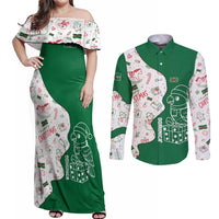 Dominica Christmas Couples Matching Off Shoulder Maxi Dress and Long Sleeve Button Shirt with Parrot Gift Box and Festive Pattern Design - Wonder Print Shop