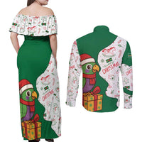 Dominica Christmas Couples Matching Off Shoulder Maxi Dress and Long Sleeve Button Shirt with Parrot Gift Box and Festive Pattern Design - Wonder Print Shop