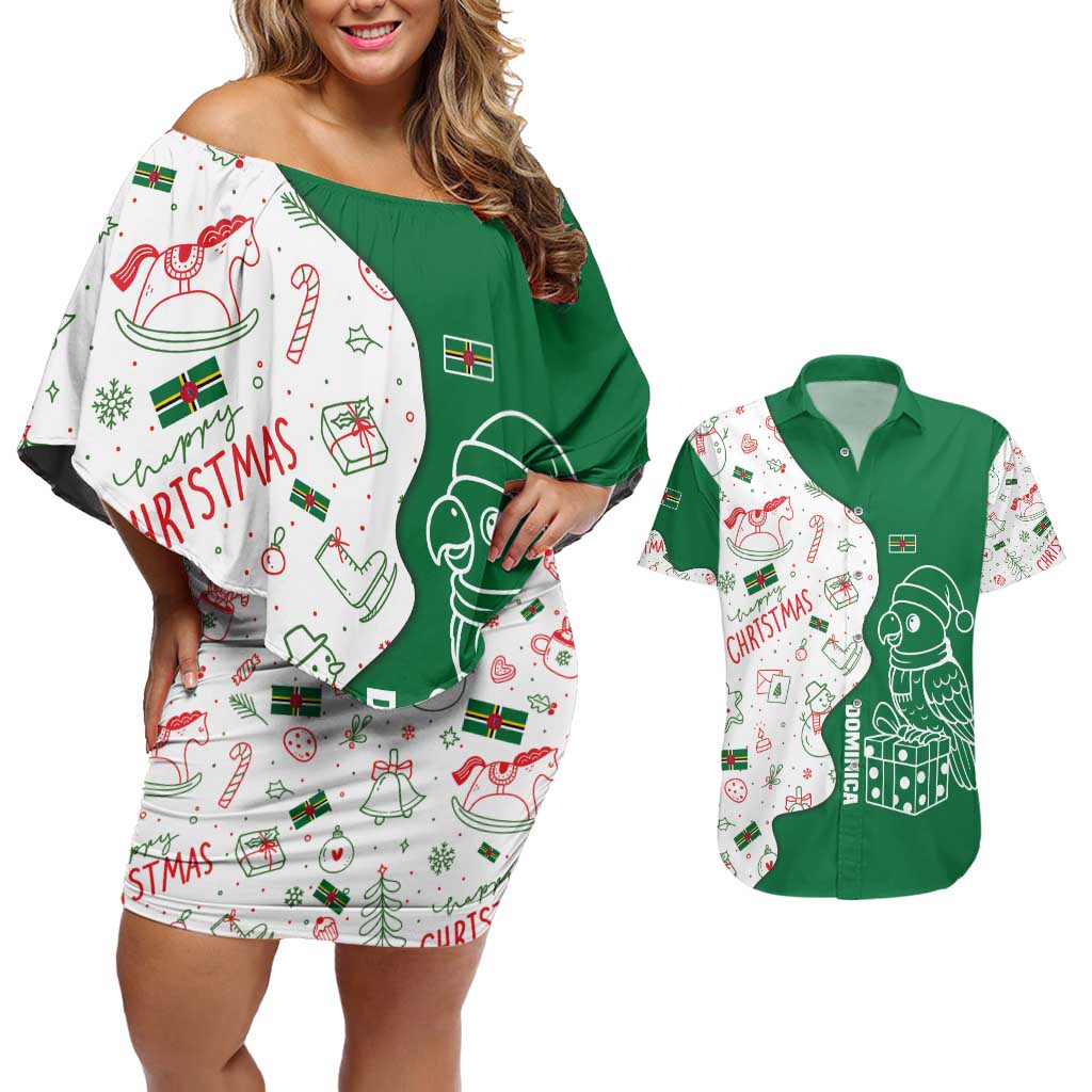 Dominica Christmas Couples Matching Off Shoulder Short Dress and Hawaiian Shirt with Parrot Gift Box and Festive Pattern Design - Wonder Print Shop