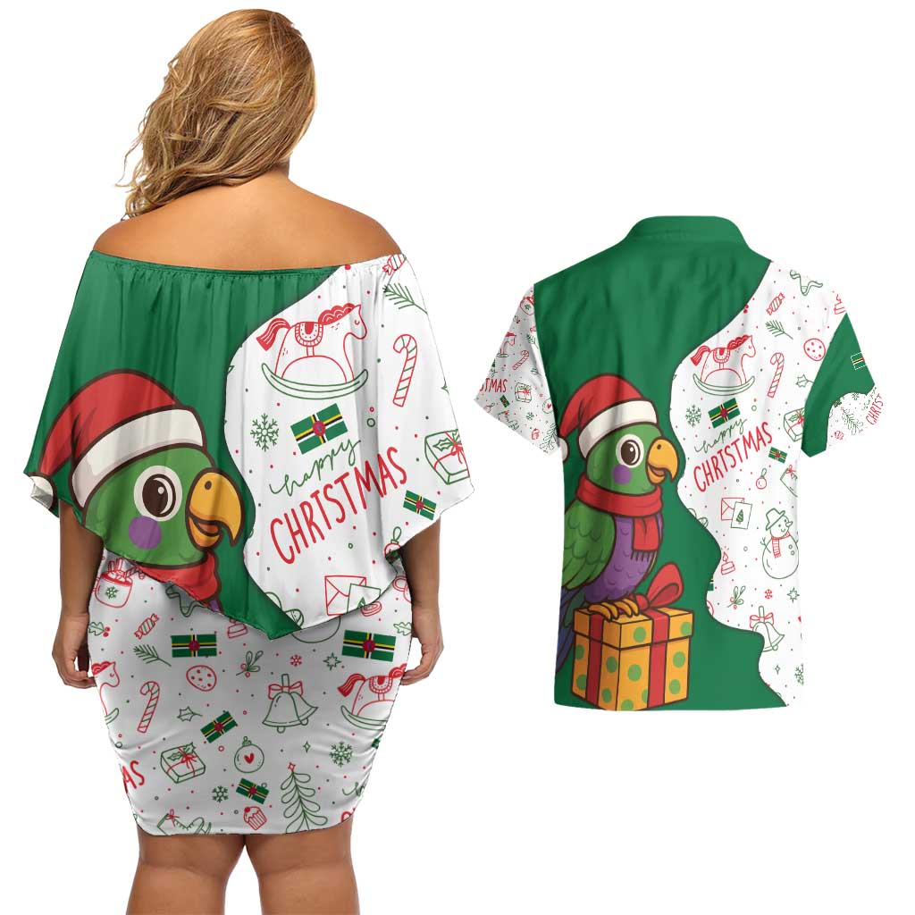 Dominica Christmas Couples Matching Off Shoulder Short Dress and Hawaiian Shirt with Parrot Gift Box and Festive Pattern Design - Wonder Print Shop