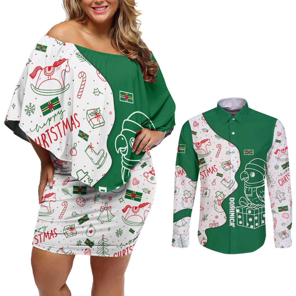 Dominica Christmas Couples Matching Off Shoulder Short Dress and Long Sleeve Button Shirt with Parrot Gift Box and Festive Pattern Design - Wonder Print Shop