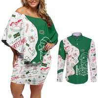 Dominica Christmas Couples Matching Off Shoulder Short Dress and Long Sleeve Button Shirt with Parrot Gift Box and Festive Pattern Design - Wonder Print Shop