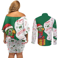 Dominica Christmas Couples Matching Off Shoulder Short Dress and Long Sleeve Button Shirt with Parrot Gift Box and Festive Pattern Design - Wonder Print Shop