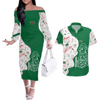 Dominica Christmas Couples Matching Off The Shoulder Long Sleeve Dress and Hawaiian Shirt with Parrot Gift Box and Festive Pattern Design - Wonder Print Shop