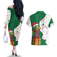 Dominica Christmas Couples Matching Off The Shoulder Long Sleeve Dress and Hawaiian Shirt with Parrot Gift Box and Festive Pattern Design - Wonder Print Shop