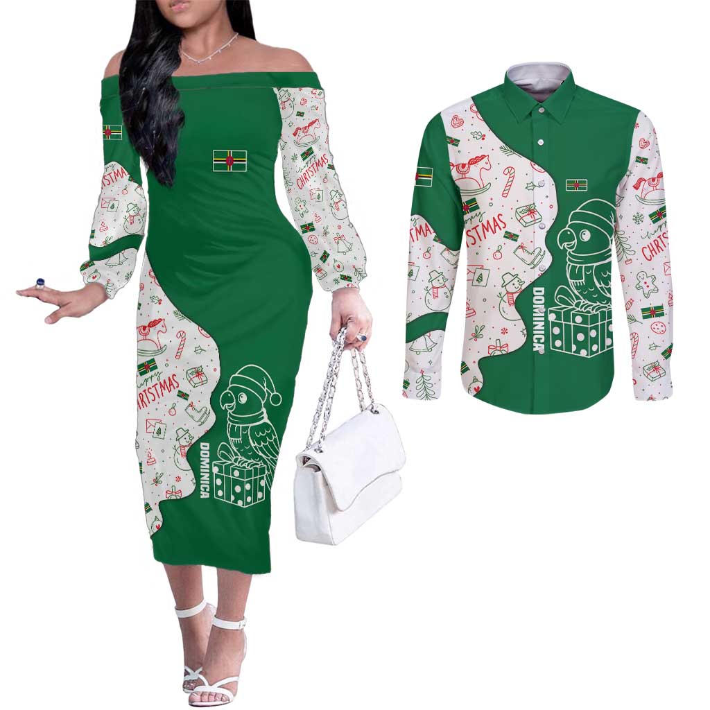 Dominica Christmas Couples Matching Off The Shoulder Long Sleeve Dress and Long Sleeve Button Shirt with Parrot Gift Box and Festive Pattern Design - Wonder Print Shop
