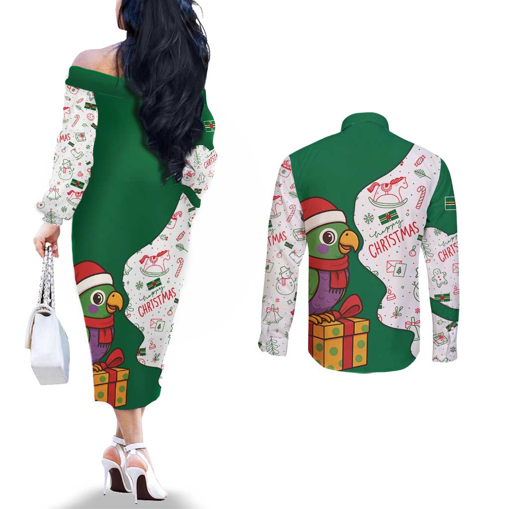 Dominica Christmas Couples Matching Off The Shoulder Long Sleeve Dress and Long Sleeve Button Shirt with Parrot Gift Box and Festive Pattern Design - Wonder Print Shop