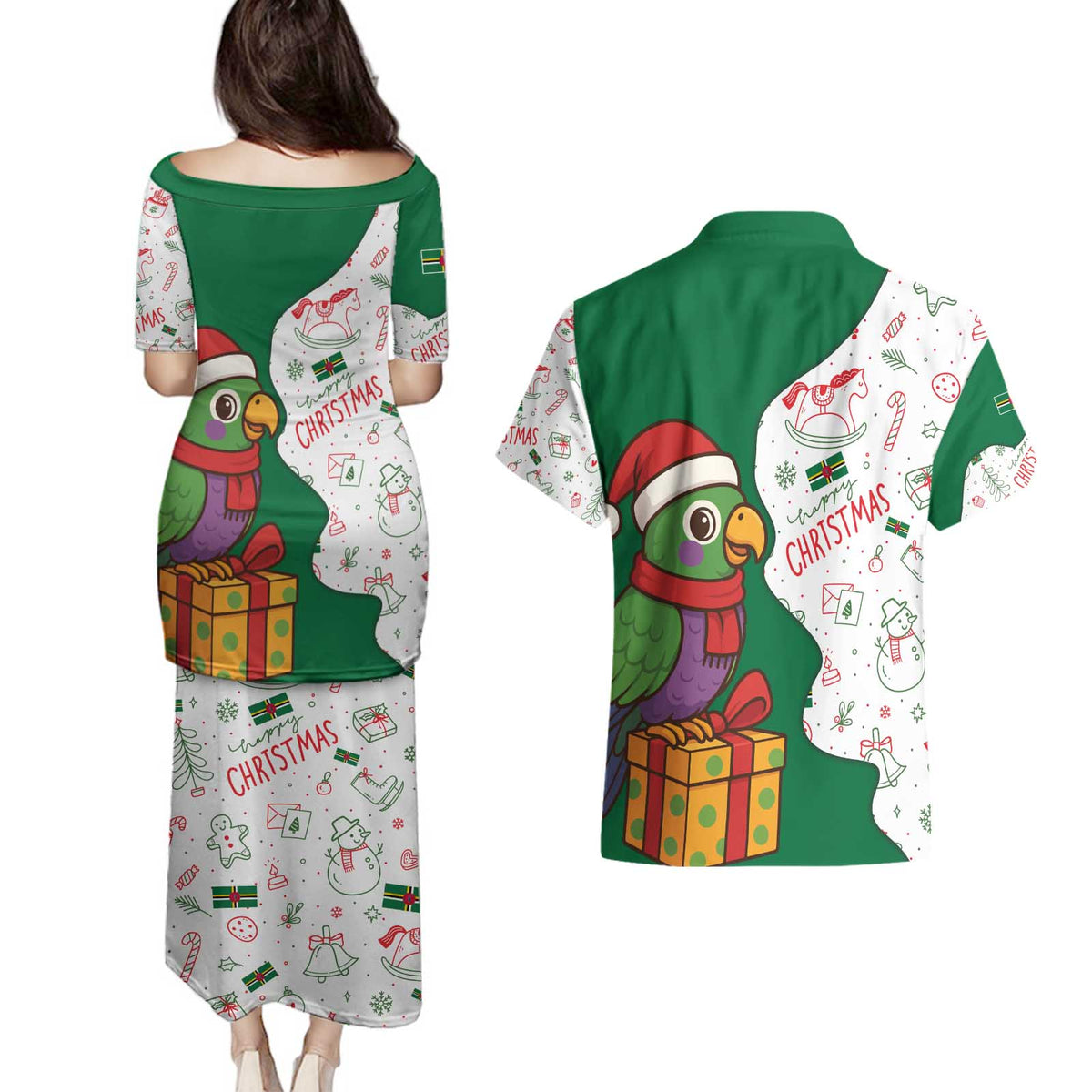 Dominica Christmas Couples Matching Puletasi and Hawaiian Shirt with Parrot Gift Box and Festive Pattern Design - Wonder Print Shop