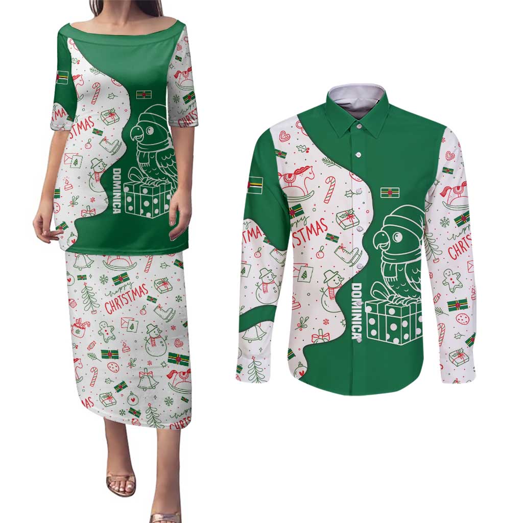 Dominica Christmas Couples Matching Puletasi and Long Sleeve Button Shirt with Parrot Gift Box and Festive Pattern Design - Wonder Print Shop