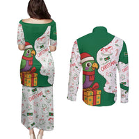 Dominica Christmas Couples Matching Puletasi and Long Sleeve Button Shirt with Parrot Gift Box and Festive Pattern Design - Wonder Print Shop