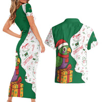 Dominica Christmas Couples Matching Short Sleeve Bodycon Dress and Hawaiian Shirt with Parrot Gift Box and Festive Pattern Design - Wonder Print Shop