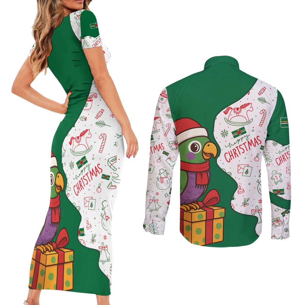 Dominica Christmas Couples Matching Short Sleeve Bodycon Dress and Long Sleeve Button Shirt with Parrot Gift Box and Festive Pattern Design - Wonder Print Shop