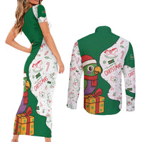 Dominica Christmas Couples Matching Short Sleeve Bodycon Dress and Long Sleeve Button Shirt with Parrot Gift Box and Festive Pattern Design - Wonder Print Shop