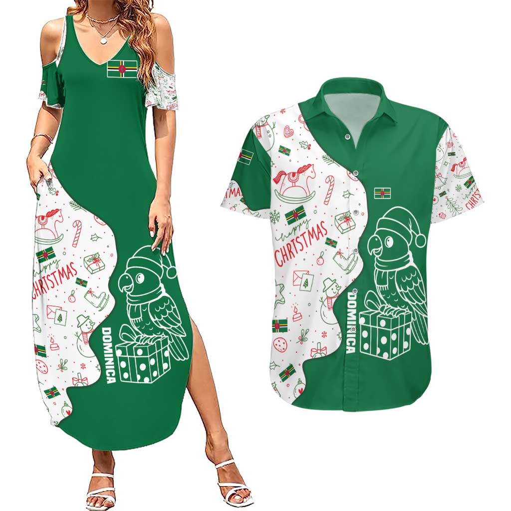 Dominica Christmas Couples Matching Summer Maxi Dress and Hawaiian Shirt with Parrot Gift Box and Festive Pattern Design - Wonder Print Shop