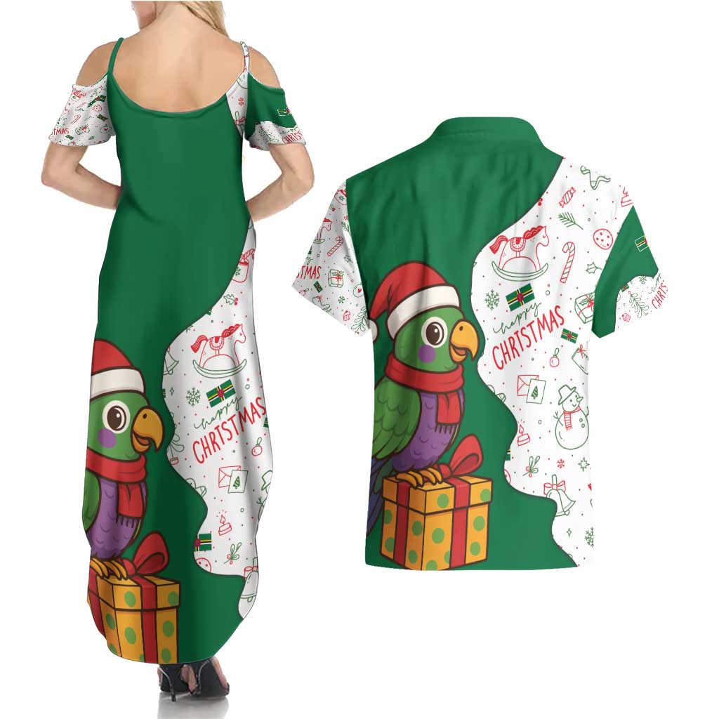 Dominica Christmas Couples Matching Summer Maxi Dress and Hawaiian Shirt with Parrot Gift Box and Festive Pattern Design - Wonder Print Shop