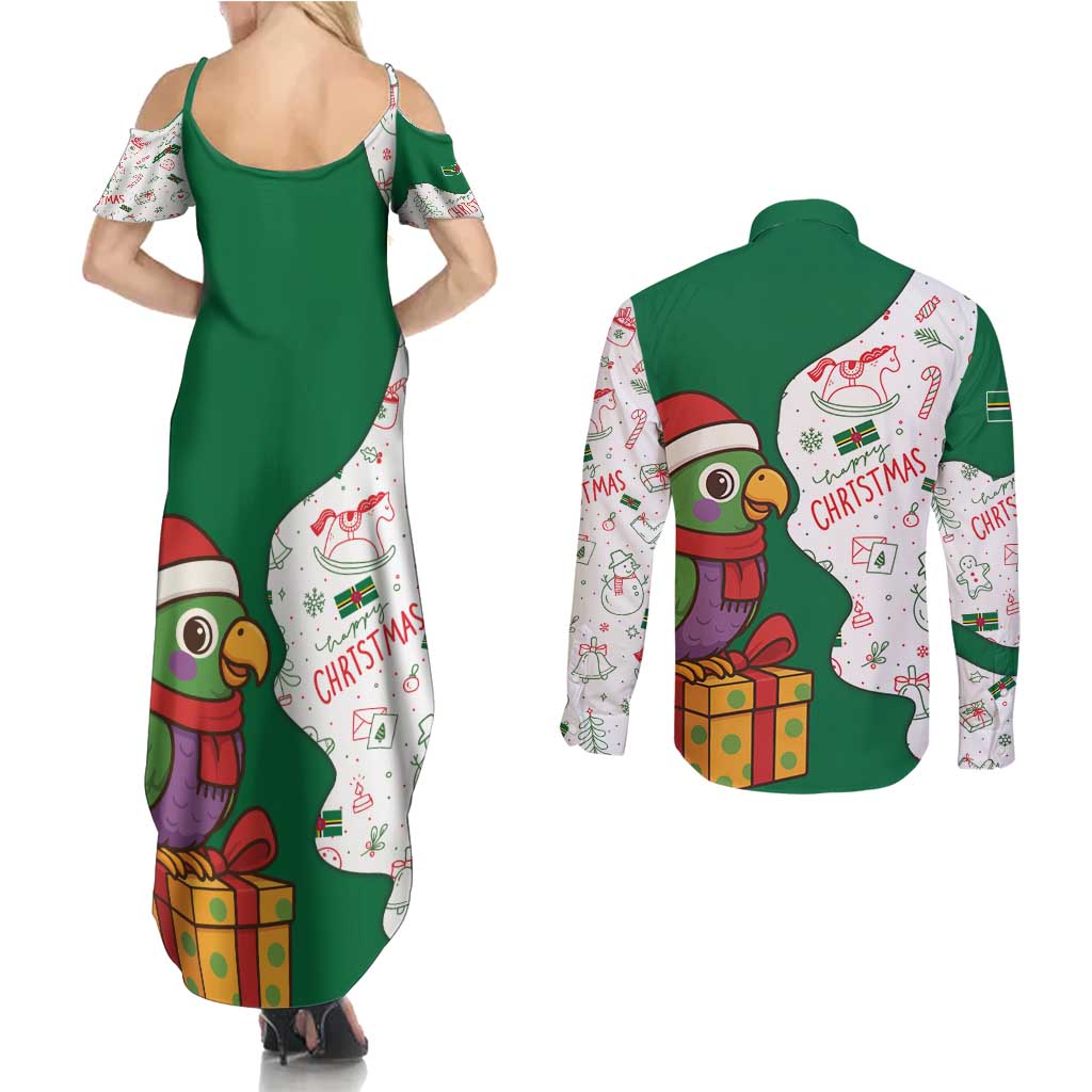 Dominica Christmas Couples Matching Summer Maxi Dress and Long Sleeve Button Shirt with Parrot Gift Box and Festive Pattern Design - Wonder Print Shop