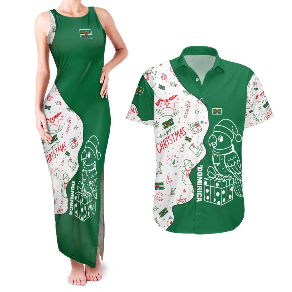 Dominica Christmas Couples Matching Tank Maxi Dress and Hawaiian Shirt with Parrot Gift Box and Festive Pattern Design - Wonder Print Shop