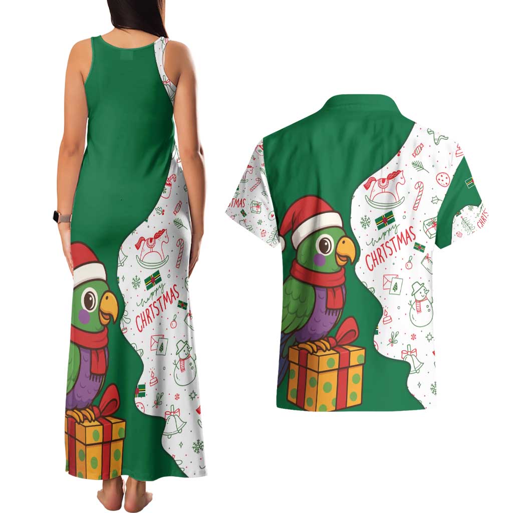 Dominica Christmas Couples Matching Tank Maxi Dress and Hawaiian Shirt with Parrot Gift Box and Festive Pattern Design - Wonder Print Shop