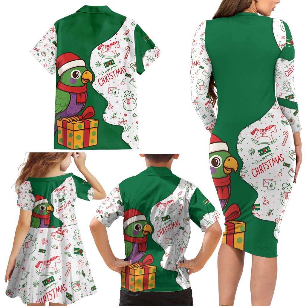 Dominica Christmas Family Matching Long Sleeve Bodycon Dress and Hawaiian Shirt with Parrot Gift Box and Festive Pattern Design - Wonder Print Shop