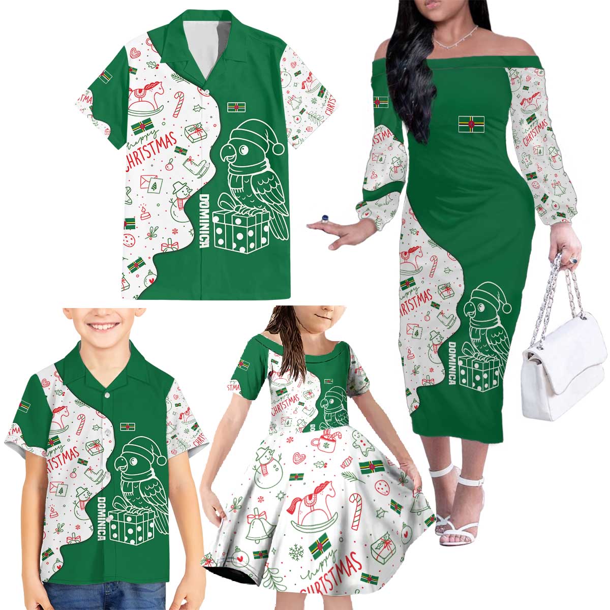 Dominica Christmas Family Matching Off The Shoulder Long Sleeve Dress and Hawaiian Shirt with Parrot Gift Box and Festive Pattern Design - Wonder Print Shop