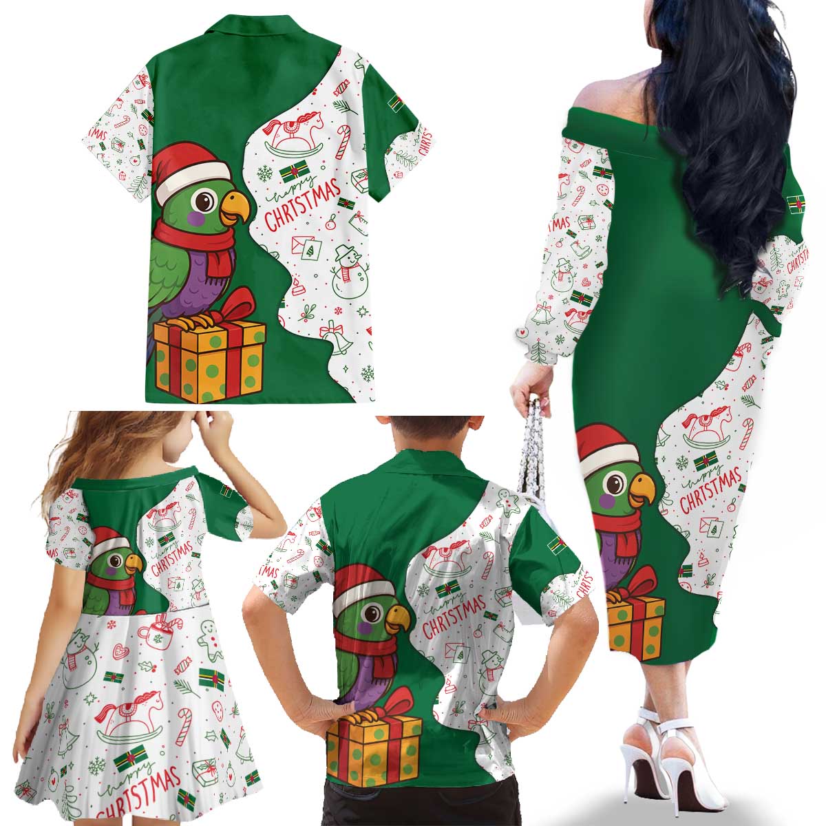 Dominica Christmas Family Matching Off The Shoulder Long Sleeve Dress and Hawaiian Shirt with Parrot Gift Box and Festive Pattern Design - Wonder Print Shop
