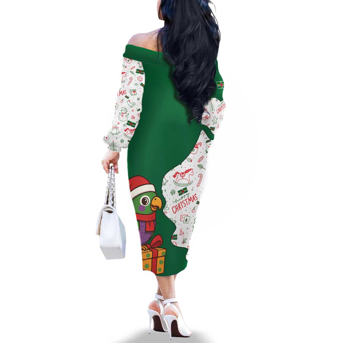 Dominica Christmas Family Matching Off The Shoulder Long Sleeve Dress and Hawaiian Shirt with Parrot Gift Box and Festive Pattern Design - Wonder Print Shop