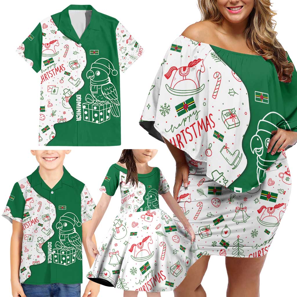 Dominica Christmas Family Matching Off Shoulder Short Dress and Hawaiian Shirt with Parrot Gift Box and Festive Pattern Design - Wonder Print Shop