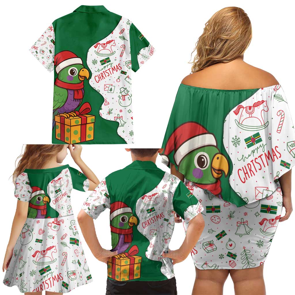 Dominica Christmas Family Matching Off Shoulder Short Dress and Hawaiian Shirt with Parrot Gift Box and Festive Pattern Design - Wonder Print Shop