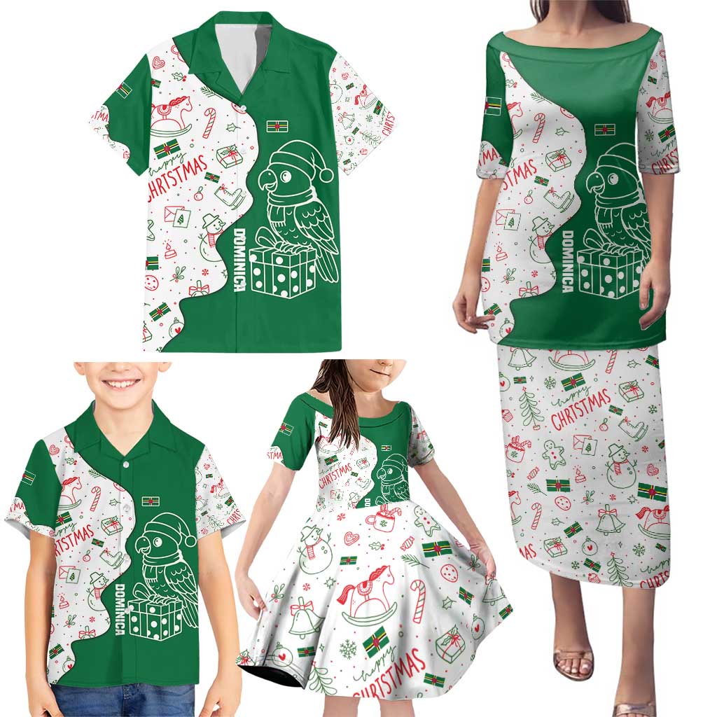 Dominica Christmas Family Matching Puletasi and Hawaiian Shirt with Parrot Gift Box and Festive Pattern Design - Wonder Print Shop