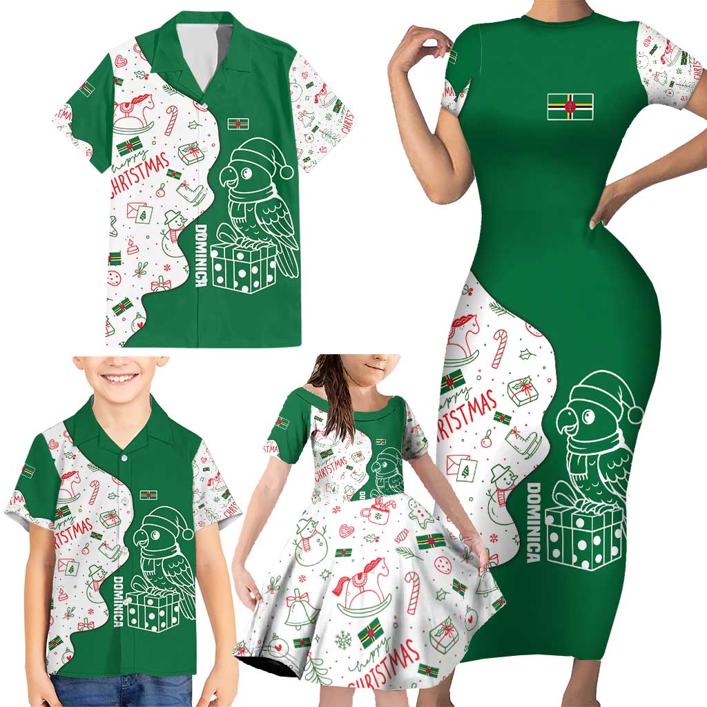 Dominica Christmas Family Matching Short Sleeve Bodycon Dress and Hawaiian Shirt with Parrot Gift Box and Festive Pattern Design - Wonder Print Shop