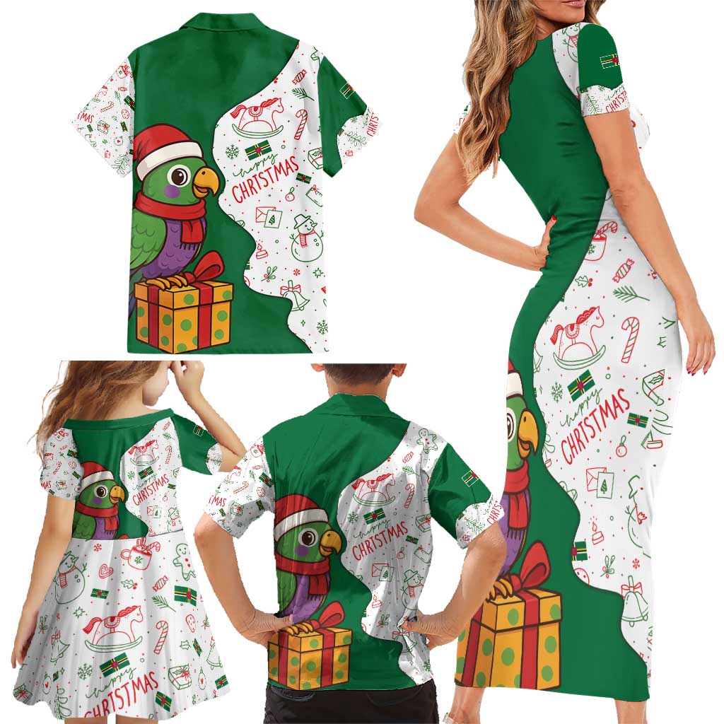 Dominica Christmas Family Matching Short Sleeve Bodycon Dress and Hawaiian Shirt with Parrot Gift Box and Festive Pattern Design - Wonder Print Shop
