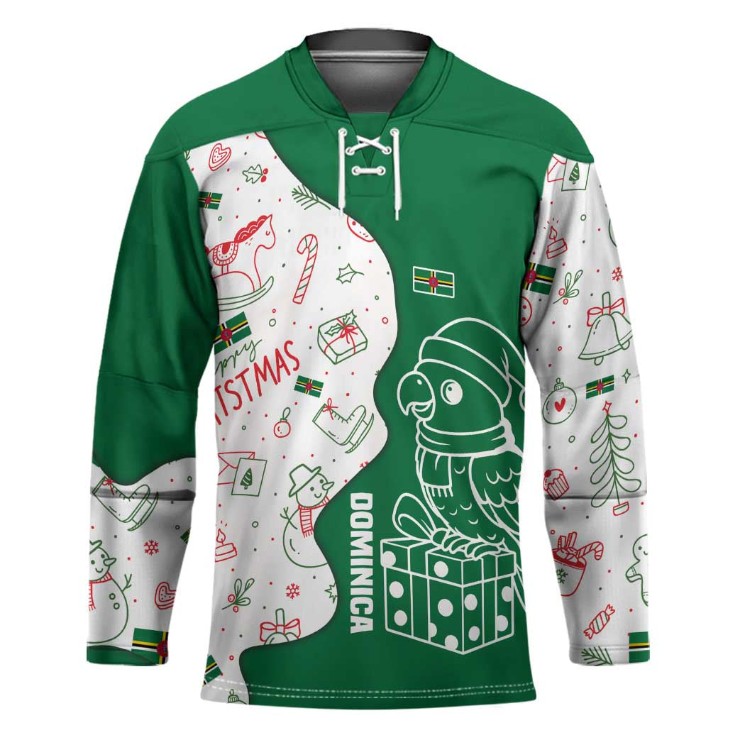 Dominica Christmas Hockey Jersey with Parrot Gift Box and Festive Pattern Design - Wonder Print Shop