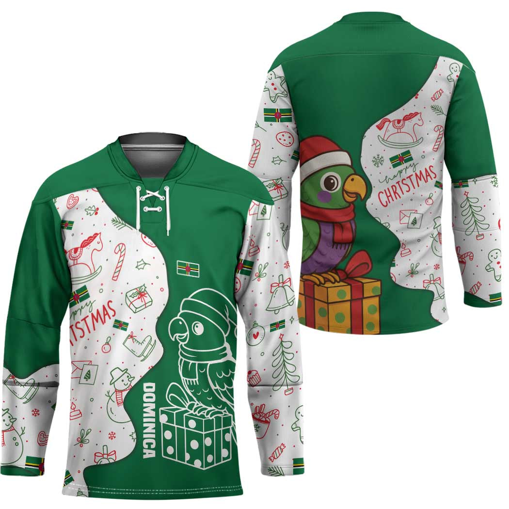 Dominica Christmas Hockey Jersey with Parrot Gift Box and Festive Pattern Design - Wonder Print Shop