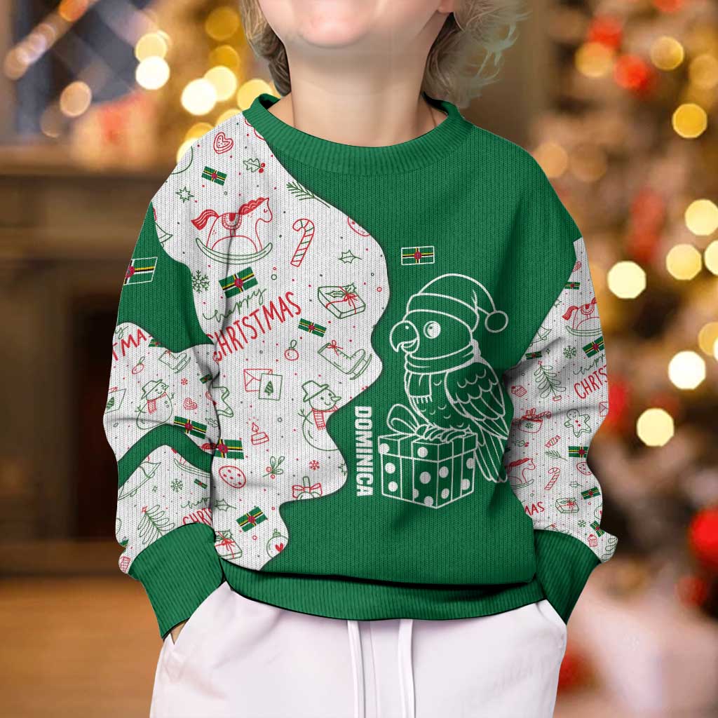 Dominica Christmas Kid Ugly Christmas Sweater with Parrot Gift Box and Festive Pattern Design - Wonder Print Shop
