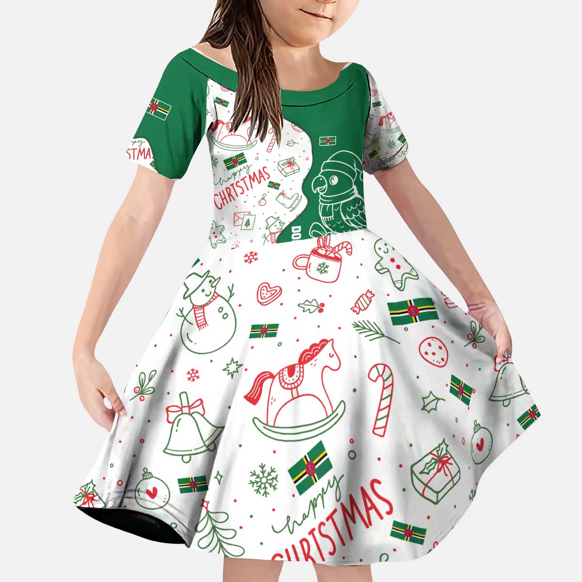 Dominica Christmas Kid Short Sleeve Dress with Parrot Gift Box and Festive Pattern Design - Wonder Print Shop